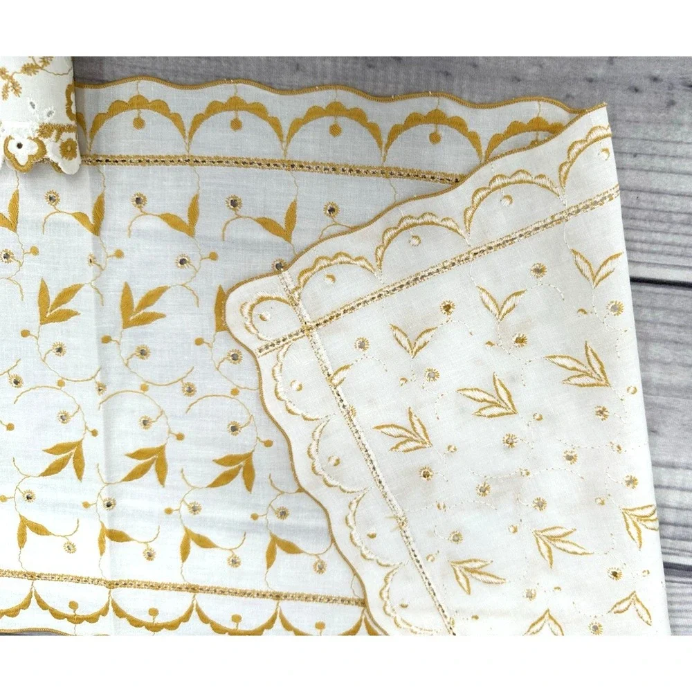 SET OF 2 VINTAGE EMBROIDERED EYELET TABLE / DRESSER SCARF - YELLOW GOLD‎    *15